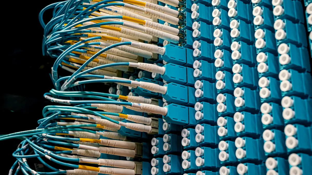 Zbliżenie na kable sieciowe wpięte w przełącznik w serwerowni