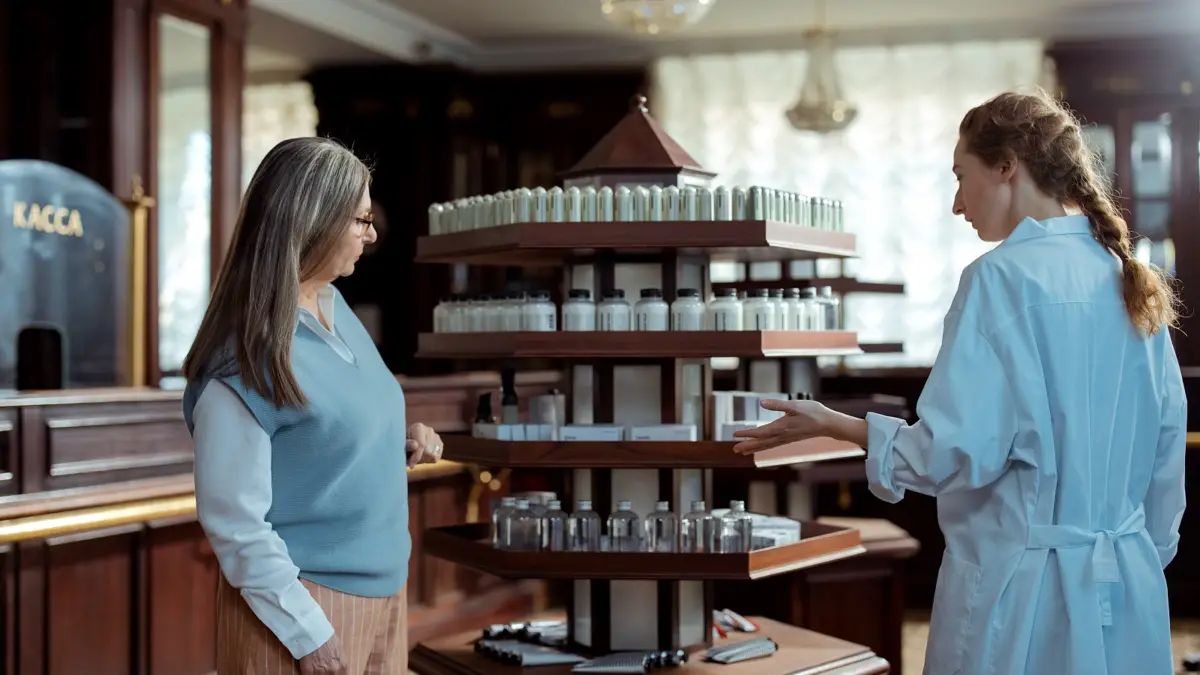 Farmaceuta w aptece podaje klientce opakowanie leku przy ekspozycji z produktami
