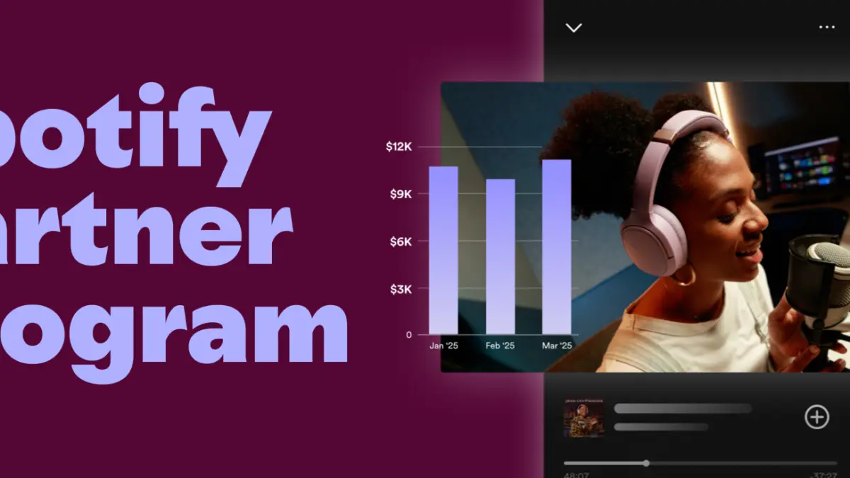 Grafika Programu Partnerskiego Spotify z twórczynią podcastu przy mikrofonie i wykresem wypłat