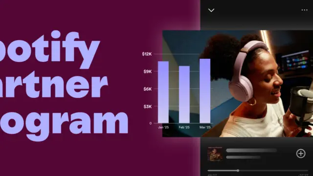 Grafika Programu Partnerskiego Spotify z twórczynią podcastu przy mikrofonie i wykresem wypłat