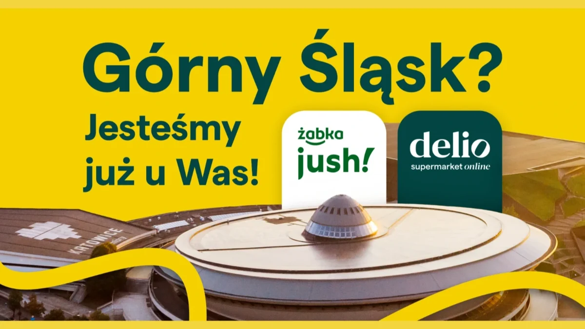 Grafika Żabka Jush i delio z hasłem „Górny Śląsk? Jesteśmy już u Was!” i katowickim Spodkiem