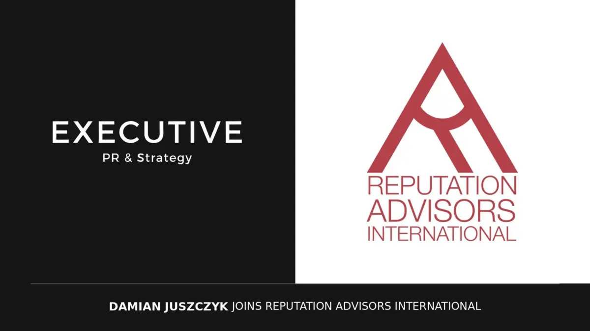 Grafika z logo Executive PR & Strategy i Reputation Advisors International oraz napisem Damian Juszczyk joins Reputation Advisors International
