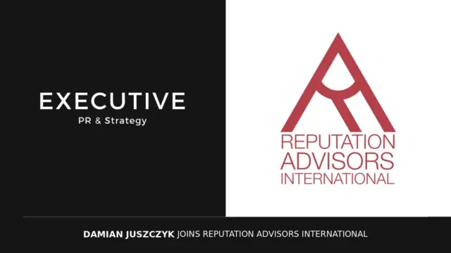 Grafika z logo Executive PR & Strategy i Reputation Advisors International oraz napisem Damian Juszczyk joins Reputation Advisors International