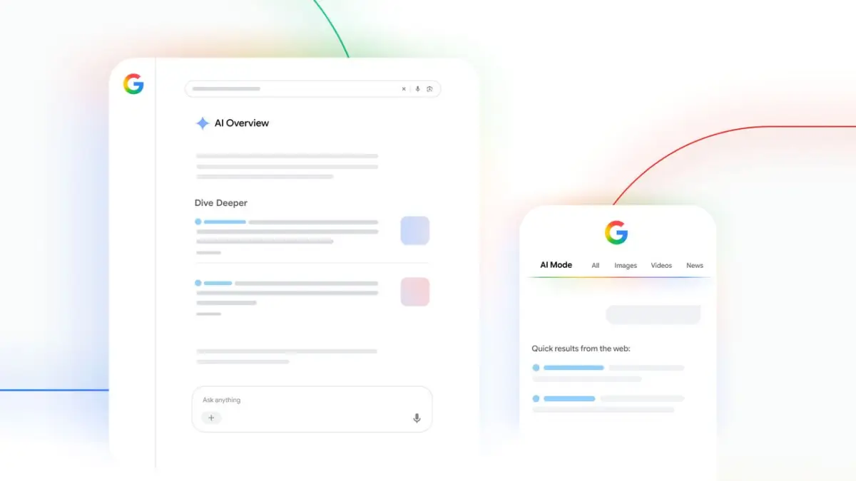 Grafika Google: ekran z odpowiedzią AI Overview i linkami oraz telefon z zakładką AI Mode