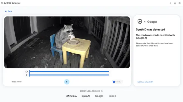 Ekran SynthID Detector z wynikiem sprawdzenia nagrania szopa