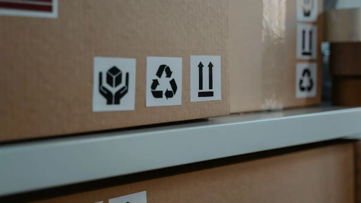 Kartony z symbolami wysyłki i recyklingu na półkach w magazynie
