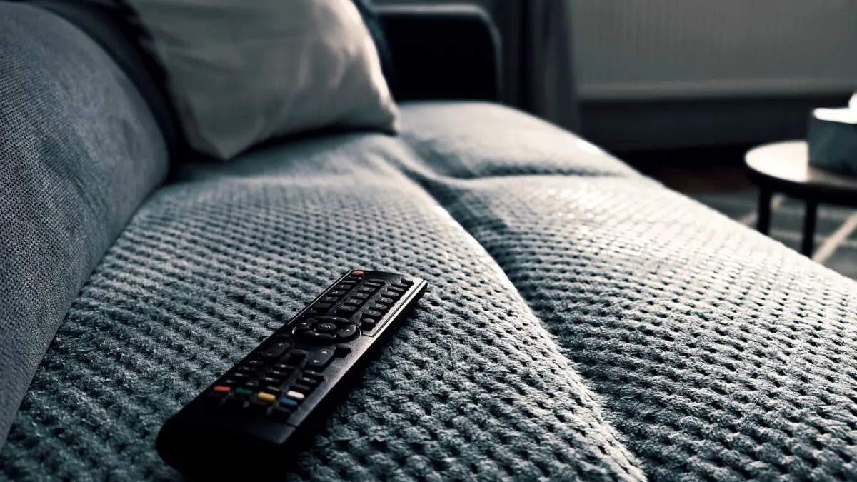 Pilot do telewizora leżący na kanapie w salonie