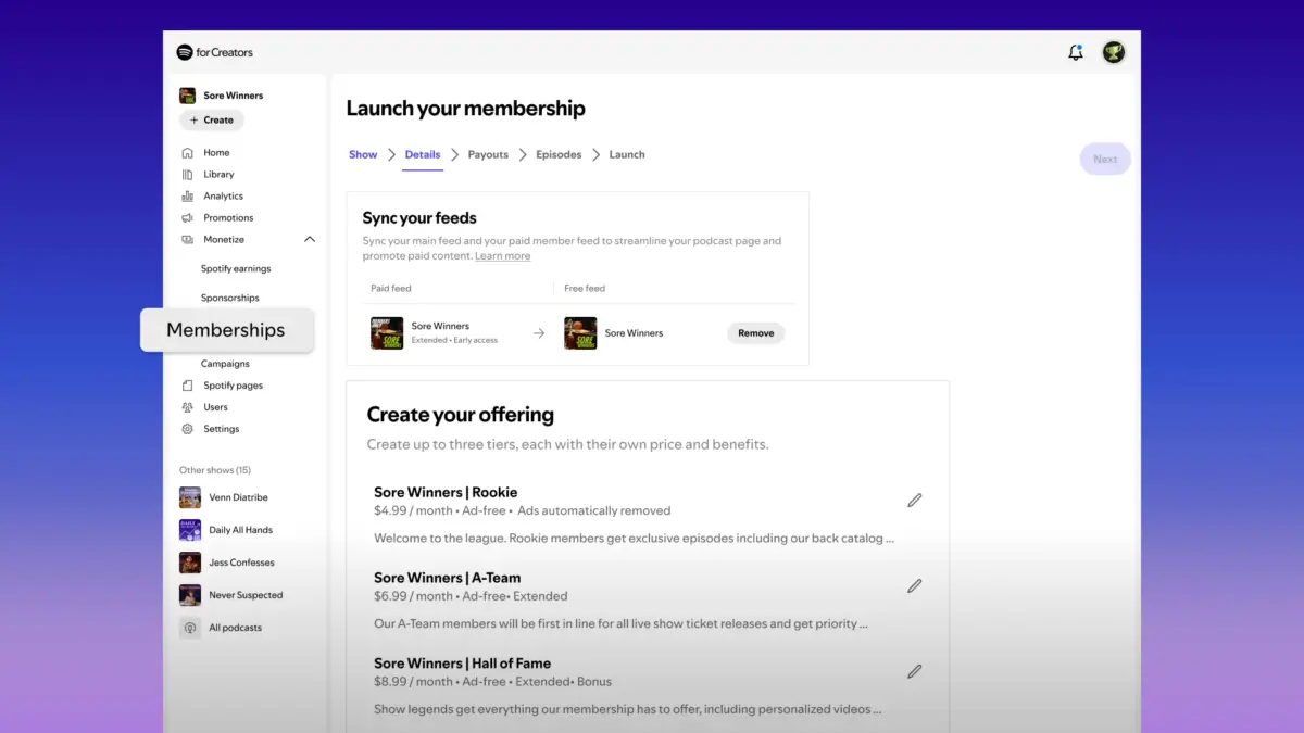 Ekrany aplikacji Spotify z poziomami płatnej subskrypcji podcastu